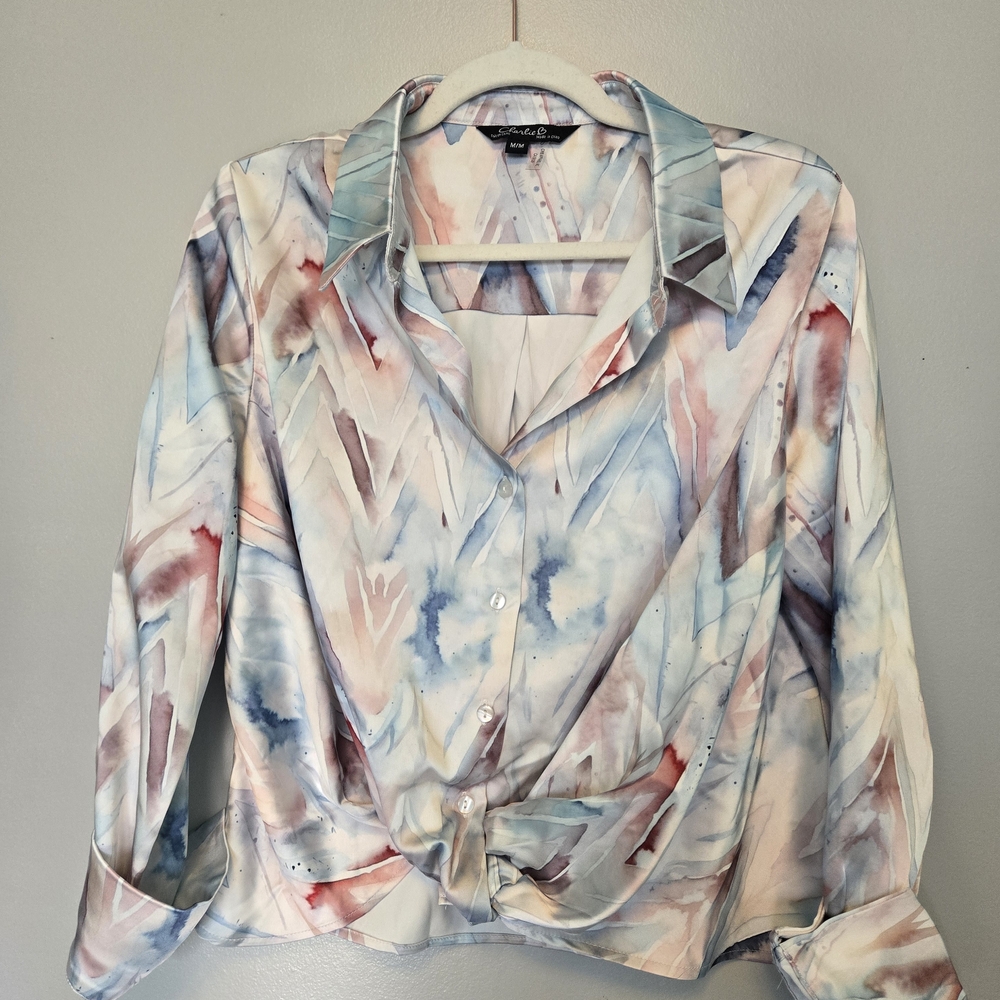 Charlie B Pastel Watercolor Button-Up Blouse Medium